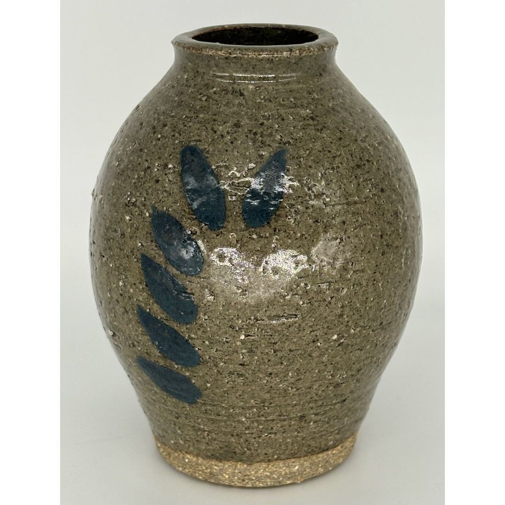 Vintage Stoneware Art Pottery‎ Bud Vase Tan Brown Blue Floral Leaves Glazed